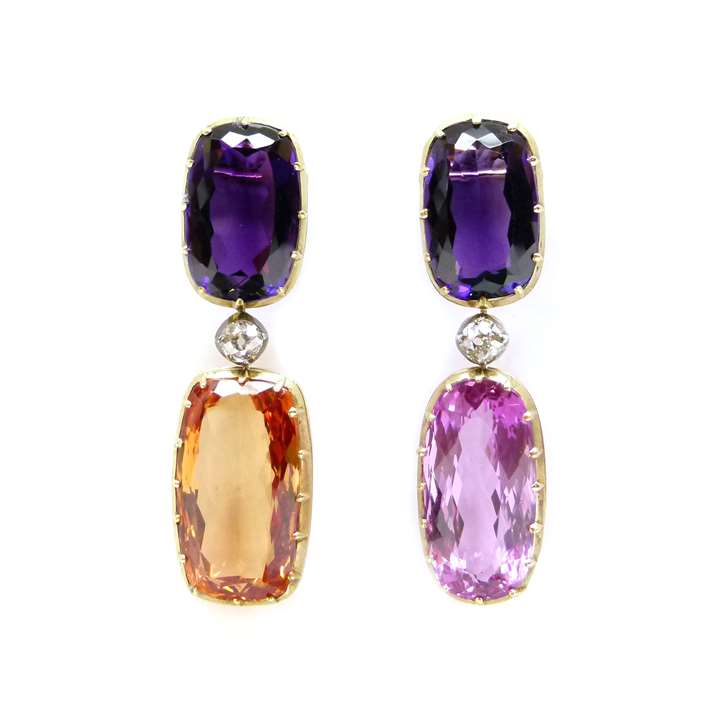 Pair of topaz, amethyst and diamond pendant earrings